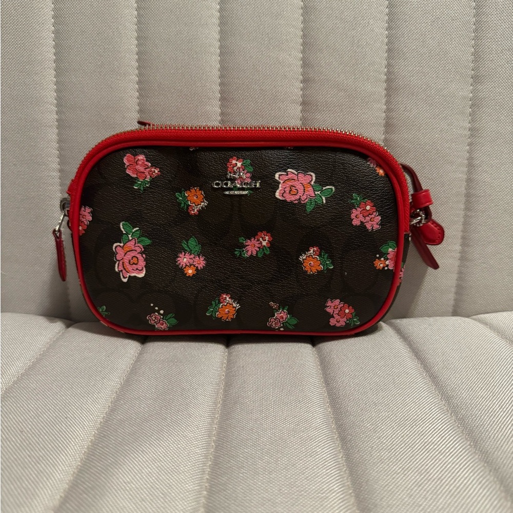 COACH Flower Signature Print Double Zip Crossbody Pouch Bag
